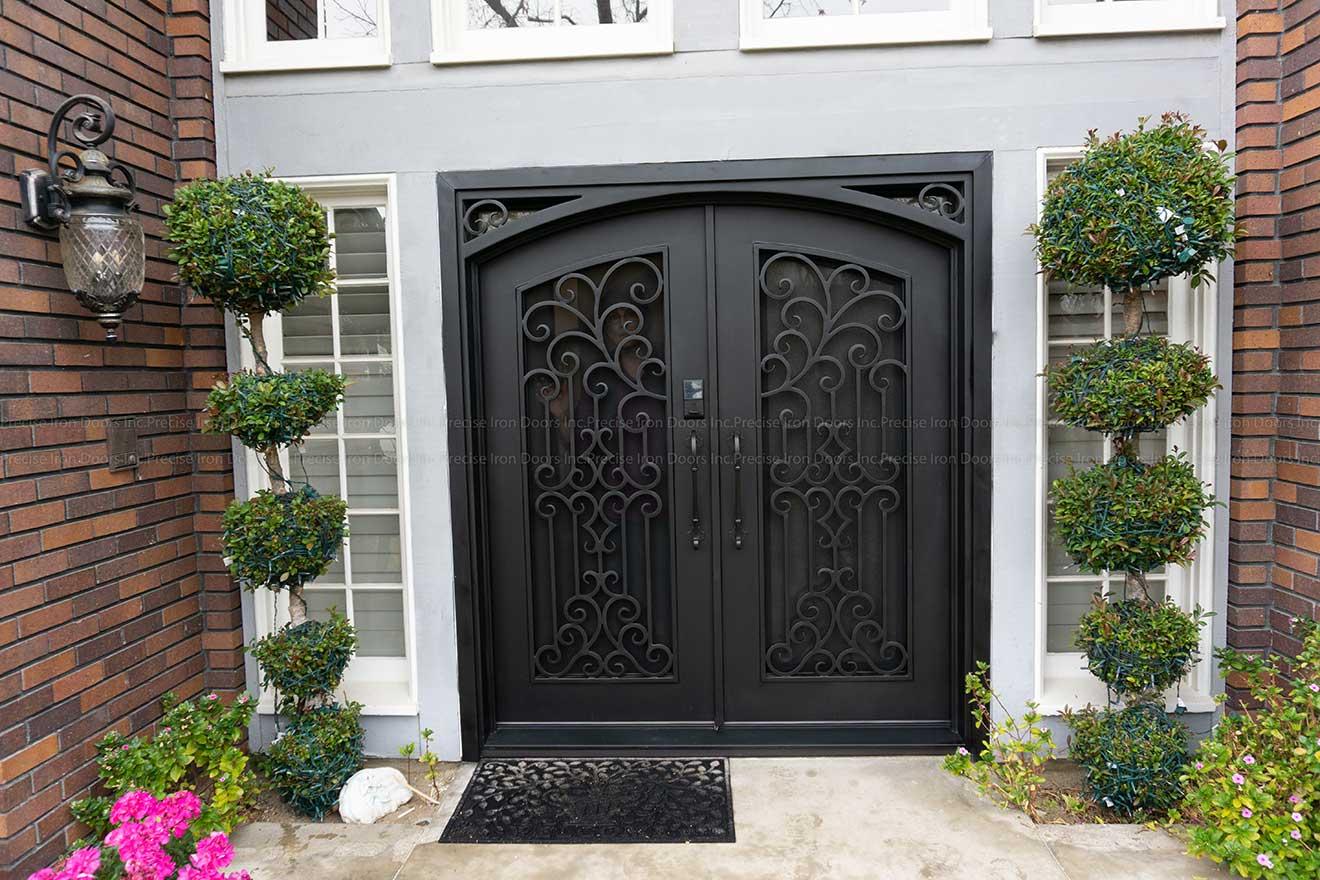 Contemporary iron double entry exterior door with transom