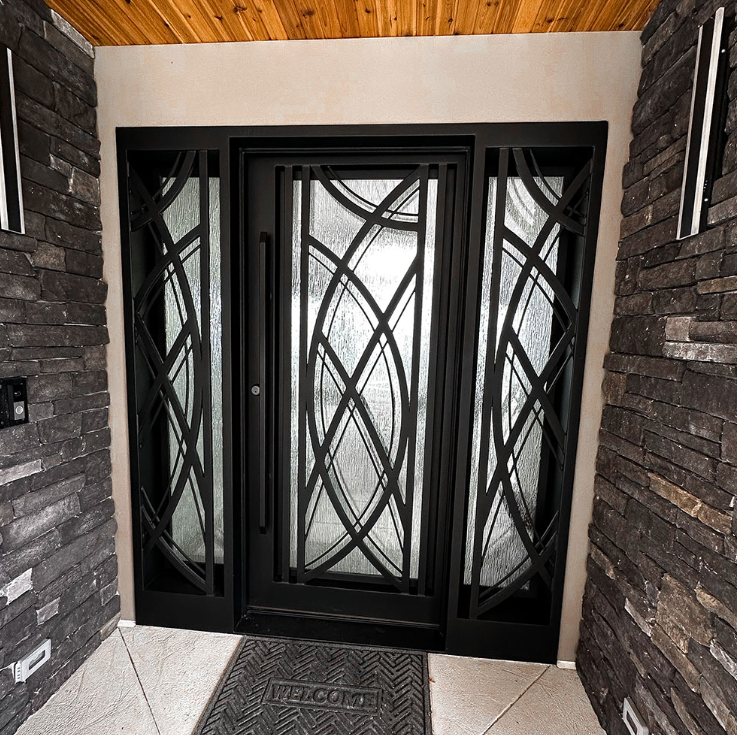 Custom iron door design with textured glass